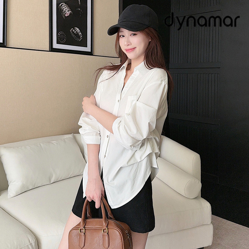 【dynamar】Áo sơ mi cổ V thiết kế nhúm eo tôn dáng trẻ trung chất liệu Thô Cotton Hàn thoáng mát