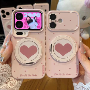 Ốp lưng iPhone chấm bi hình trái tim hồng có chân đế xoay iP - 11/12/13/14/15/16/17/Plus/Air/Pro/Max
