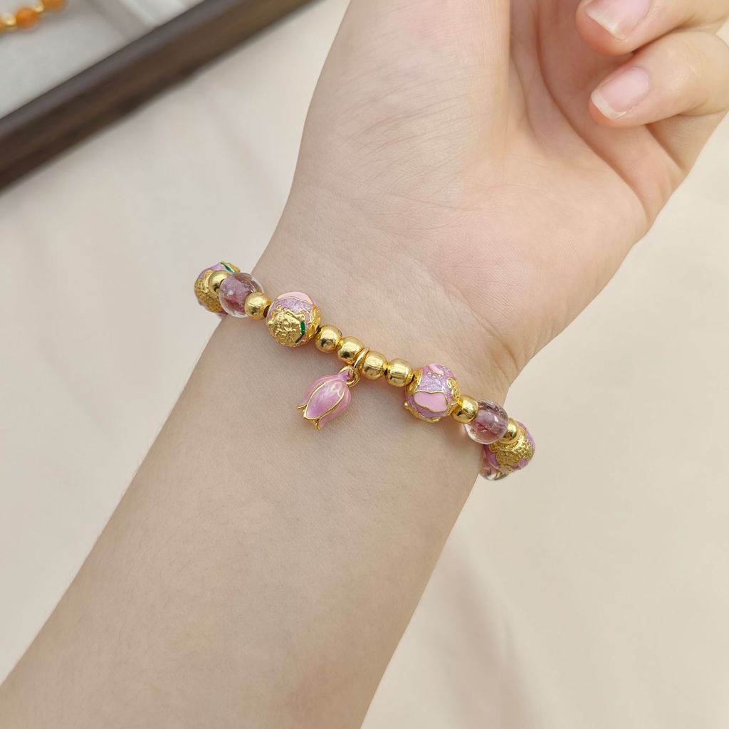 Vòng tay nữ hoa lá thủy tinh và lá vàng