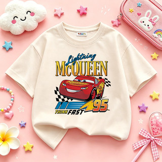 Áo Thun Trẻ Em Bé Trai Gái In Lightning McQueen 95, Áo Bông Ngắn Tay Hè Phong Cách Hoạt Hình Size 3-12 Tuổi COD