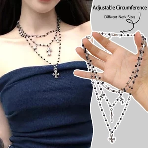 Vòng cổ mặt dây chuyền chữ thập Gothic cổ điển cho phong cách Y2K | Vòng cổ có thể điều chỉnh đính cườm bạc đen xếp chồng bốn lớp, dành cho bữa tiệc hàng ngày