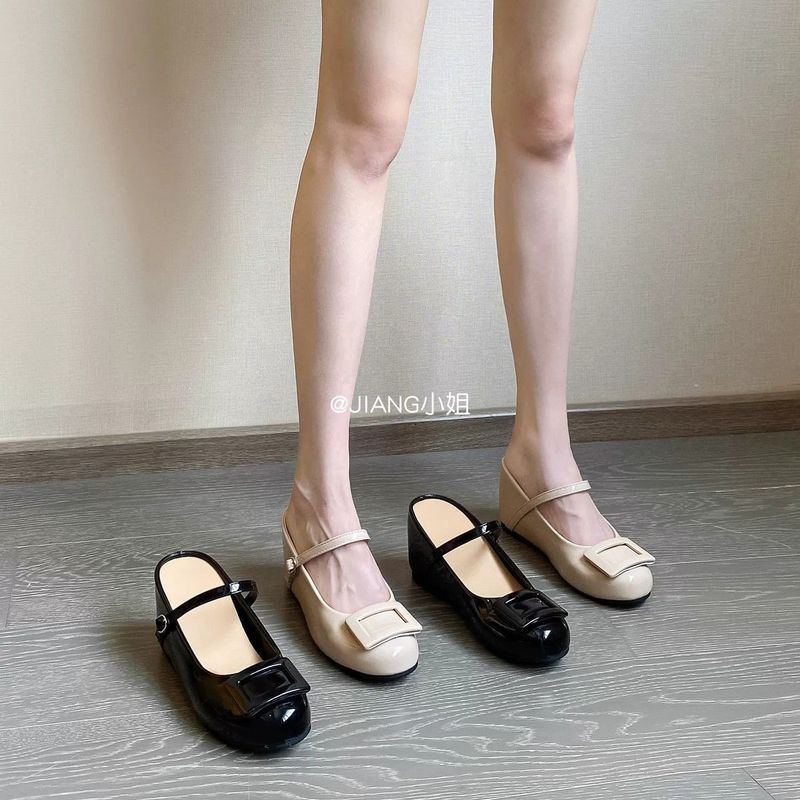 Giày mary jane Kiểu Hàn Tối giản Màu nude Đế nâng cao 6cm Mũi tròn Thon gọn chân Giày đế xuồng