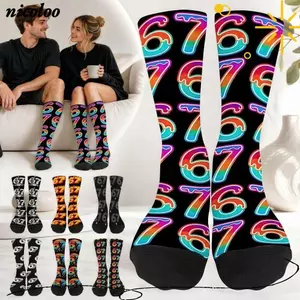 NICOLOO Unisex 67 Meme Kem Tất, Hoạt Hình Ấm Áp 67 Meme Crew Tất Dài, Cotton Thời Trang Nhẹ Thoáng Khí Sáng Tạo Tất Dành Cho Nam Nữ