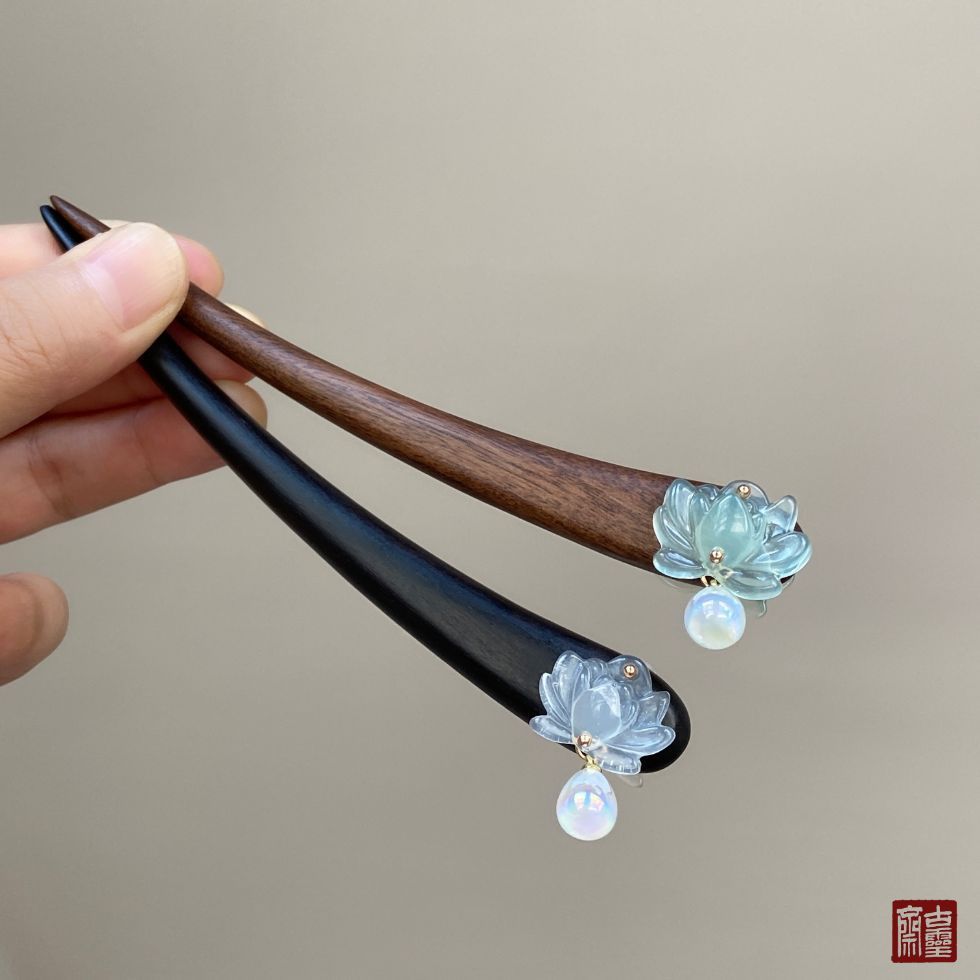 Kẹp tóc WHX-13cm {Qinghuan Hình học} Kẹp tóc Ebony Kẹp tóc ngọc trai hoa sen xanh