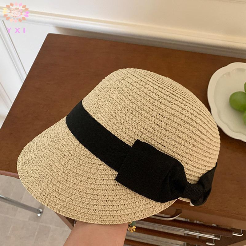 Y.X.I Mùa Hè Mũ Rơm Cho Nữ Du Lịch Ngoài Trời Đi Biển Kỳ Nghỉ Mũ Vintage Nơ Mũ Bé Gái Pháp Flat Top Tấm Che Nắng Mũ Mới