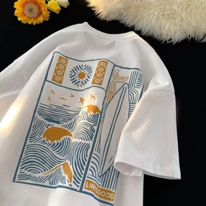 Áo thun Cotton nguyên chất dáng rộng nam mùa hè ins Niche Áo ngắn tay phù hợp