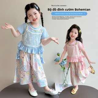 Bộ đồ mùa hè cho bé gái – Set Bohemian phối ren quần suông phong cách Hàn Quốc