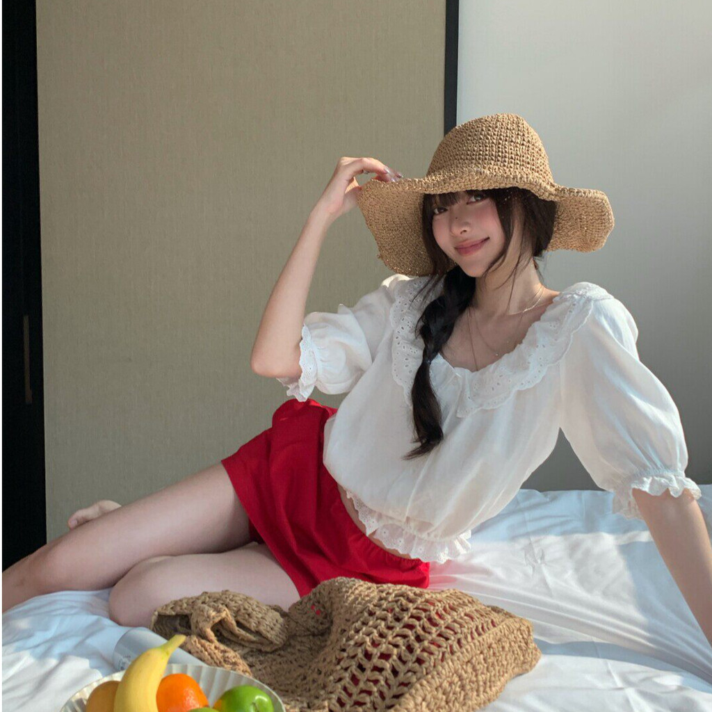 SUXI Áo sơ mi tay phồng kiểu Pháp mềm mại mùa hè mới dành cho nữ 260528