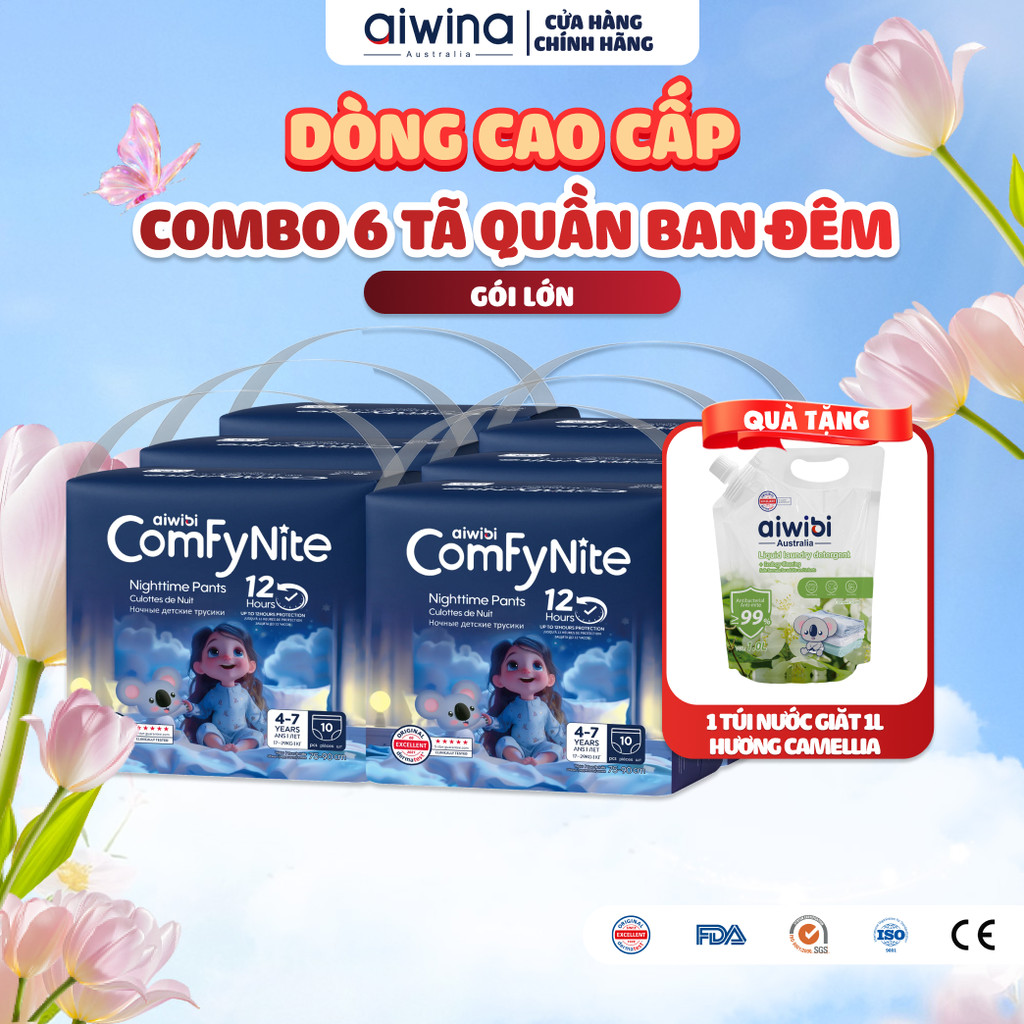 [Combo 6] Tã/Bỉm Quần Ban Đêm Aiwibi ComFyNite Siêu Thấm Hút, Cho Bé Cân Nặng Lớn - 10 Miếng - S/M/L/XL