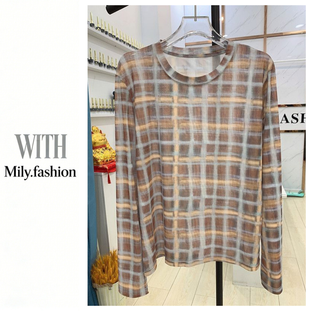 Kem chống nắng Gạc xuyên thấu in kẻ sọc Milyfashion All-Match Slimer Look Long-Sleeved T @ -