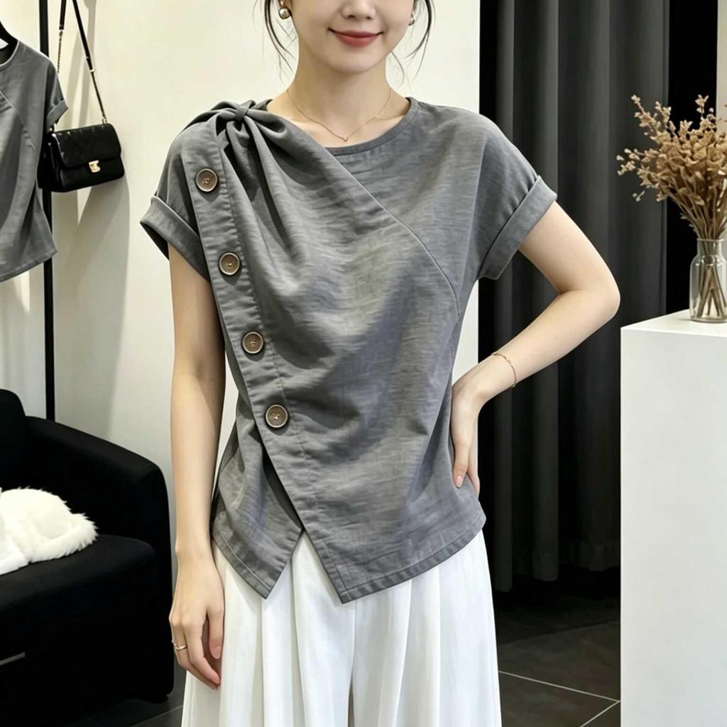[Hàng mới về] Thiết kế kích thước lớn Áo sơ mi ngắn tay không đều dành cho nữ mùa hè béo mm Slimer Look Grey Top