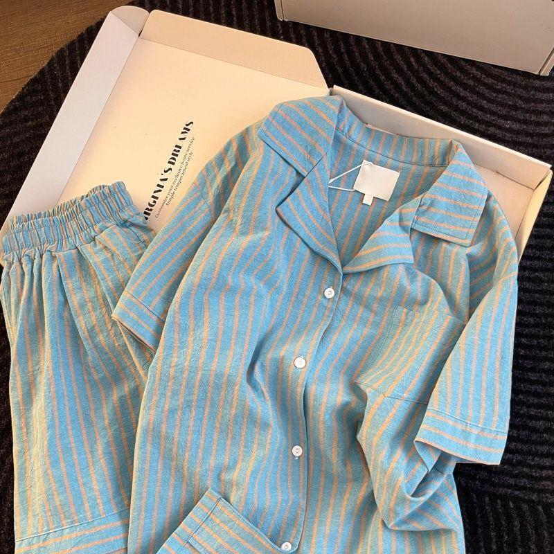 [Hàng mới về] Bộ đồ ngủ Cardigan sọc phong cách thông thường, Cotton đám mây nữ có thể mặc bên ngoài mùa hè Quần Short ngắn tay đơn giản thoải mái