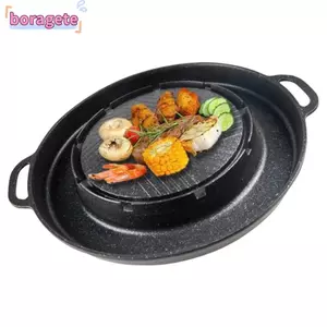 Chảo nướng nồi nóng BORAGETE, Chảo tròn chống dính 2 trong 1 + Ngăn súp, bền bỉ với cống súp Mupti Mục đích Cắm trại BBQ Tấm nướng bếp cắm trại