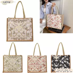Túi Tote Vải Lanh CPINCP, Túi Tote Hoa Thêu Tay Cầm Lớn, Túi Xách Nữ Di Động Nhẹ Thời Trang Văn Phòng Hàng Ngày
