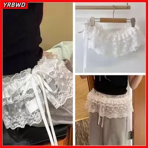 YRBWD Ren Xù Váy, Bông Tai Kẹp Hoa Ren Mini Váy, Nhìn Xuyên Qua Y2K Dạo Phố Ruched Váy Trang Trí Quần Jean
