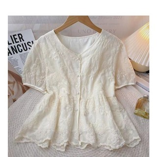 [Luni-oder] Áo Kiểu Nữ Ren Hoa Cổ Tim Tay Phồng Thêu Thủ Công Jacquard , Áo Kiểu Peplum Chiết Eo Màu Kem Thanh Lịch AK10