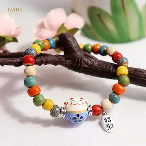 PNPIA- Vòng Tay Mèo Luy Dễ Thương Cho Nữ Bé Gái Có Thể Điều Chỉnh Nhiều Màu Sắc Đính Hạt Vòng Tay Phong Cách Trung Hoa Gốm Sứ Mèo Mặt Dây Chuyền Vòng Tay Trang Sức