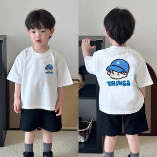 (Từ 1-12 tuổi) Áo thun ngắn tay cho trẻ em, mũ cho bé trai, áo in hình hoa hoạt hình và dấu tay, áo cổ tròn.