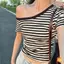 Mùa hè Retro Sọc Gợi Cảm Ngoài Vai Áo Thun Nữ Crop Top Mới