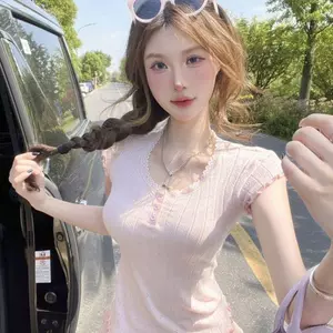 Áo thun ngắn tay cổ tròn ren phong cách ngọt ngào kiểu Hàn Quốc Slim-Fit Slim-Fit Slimmer Look-Reducing All-Match Top