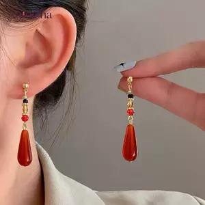 AqToCna Phong Cách Trung Hoa Hanfu Dân Tộc Bông Tai Thời Trang Đỏ Giọt Nước Mặt Dây Chuyền Tai Kẹp Bule Dài Cổ Điển Retro Bông Tai Trang Sức Quà Tặng AqToCna