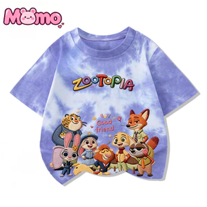 Áo thun thêu họa tiết cà vạt Zootopia dành cho bé trai và bé gái, Áo cổ tròn ngắn tay thông thường