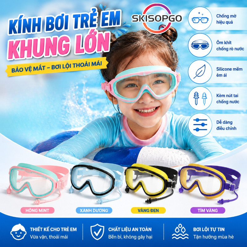 Kính Bơi Trẻ Em Người Lớn Gọng Lớn Kèm Bịt Tai Chống Sương Mù Không Thấm Nước Độ Nét Cao,Thích hợp cho lứa tuổi 3-16
