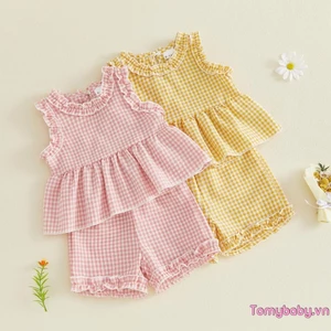 Trang phục mùa hè cho bé gái mới biết đi Áo không tay viền rộng + Quần short Bộ 2 chiếc