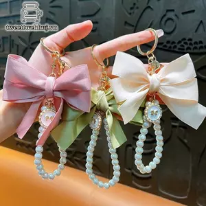 Tweeduj Thời Trang Lớn Nơ Ruy Băng Ngọc Trai Móc Chìa Khóa Nữ Nhiều Màu DIY Móc Khóa Mặt Dây Chuyền Treo Trang Trí Túi Ngọt Phụ Kiện VN