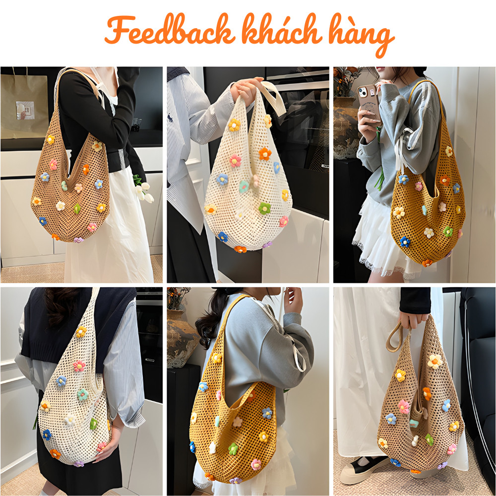 Túi Tote Đi Biển HomeMate Dệt Ren Hoa Nổi Bohemian, Túi Xách Nữ Dung Tích Lớn Phong Cách Vintage Hàn Quốc