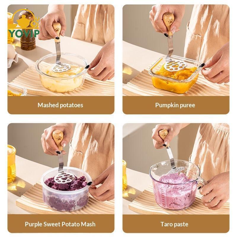 Máy nghiền khoai tây bằng thép không gỉ YOVIP có tay cầm bằng gỗ, Dụng cụ nghiền khoai tây cấp thực phẩm để nướng tại nhà, 12,5x5,5cm, 430 thép không gỉ VN