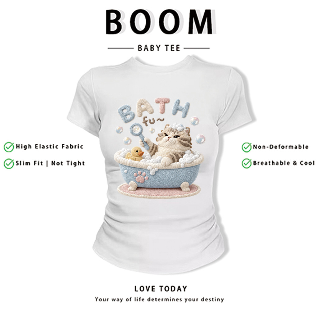 BOOM Áo Baby Tee Nữ Cotton Ôm Body-Áo Thun Ngắn Tay Y2K In Hình PhongCách Mùa Hè, Cổ Tròn Hàng Đầucách hàn quốc phong&85
