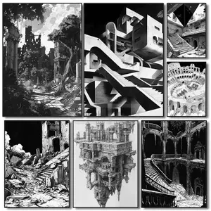 Phong cách Piranesi tàn tích đen trắng Poster Không có khung Tranh vải cho trang trí tường phòng gia đình