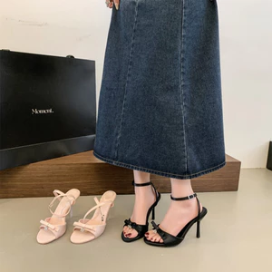 HÀNG CÓ SẴN COD2026 Mùa Hè Mới Nơ Satin Giày Cao Gót Nữ Gợi Cảm Kim Cương Giả Chữ Stiletto Mở Mũi Sandal Màu Hồng