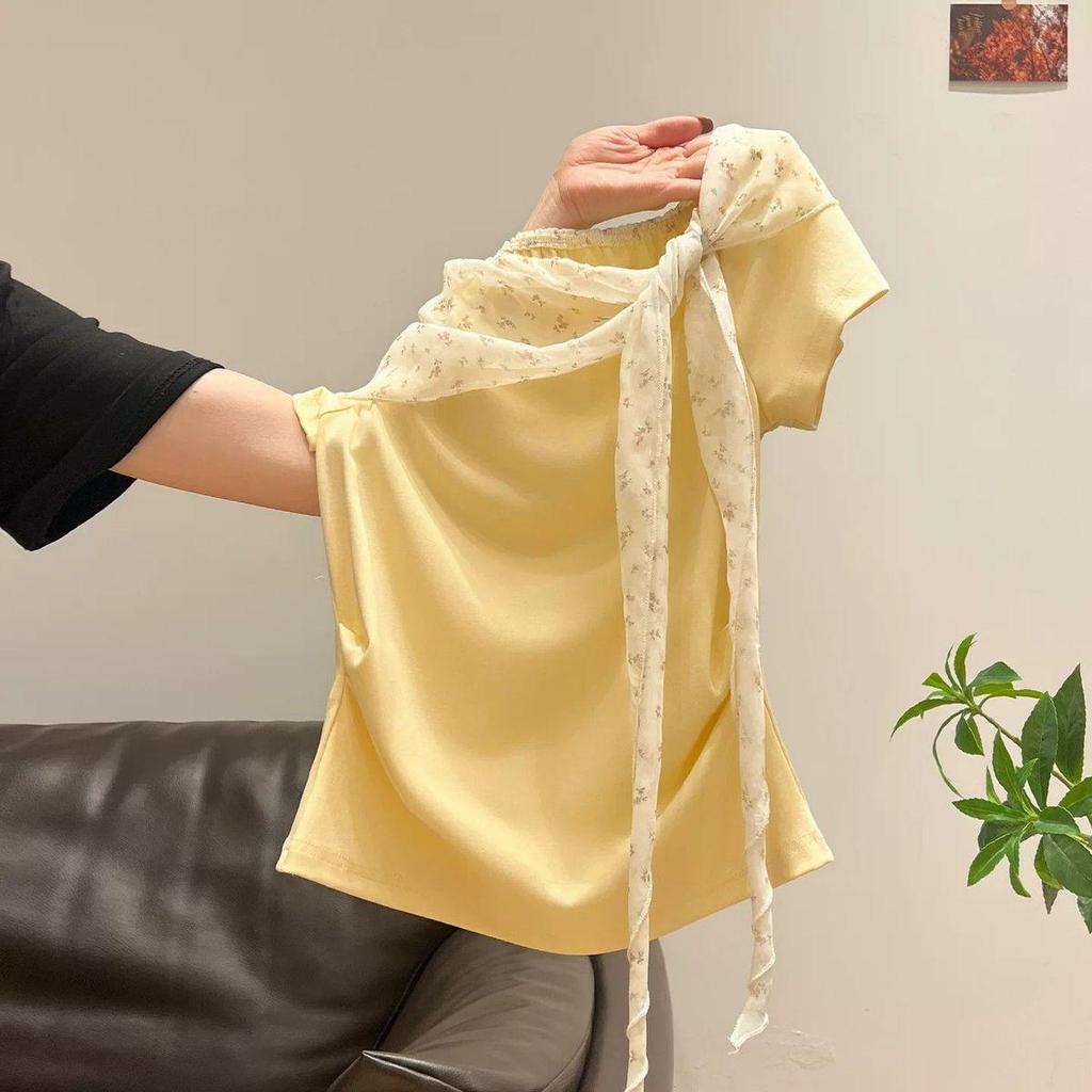 [Thời gian có hạn Seckill] Áo thun ngắn tay thêu ren hoa màu vàng dành cho nữ 2026 Xuân hè Phong cách mới Slim-fit S