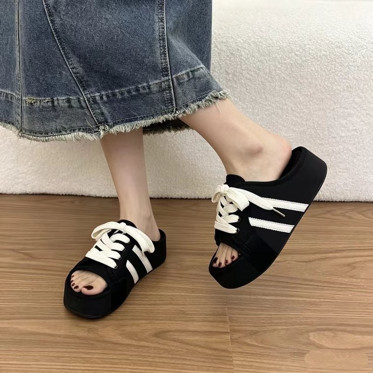 Mùa Hè Phong Cách Hàn Quốc Niche Mũi Tròn Đế Dày Mặc Bên Ngoài Dép PU Nữ Nâng Cao Chống Trơn Trượt Thoải Mái