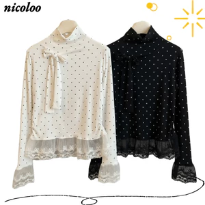 Áo NICOLOO Chấm Bi, Áo Sơ Mi Nữ Chấm Bi, Cổ Cao Thanh Lịch Ôm Vừa Vặn Ren Ruffle Top Trang Phục Công Sở