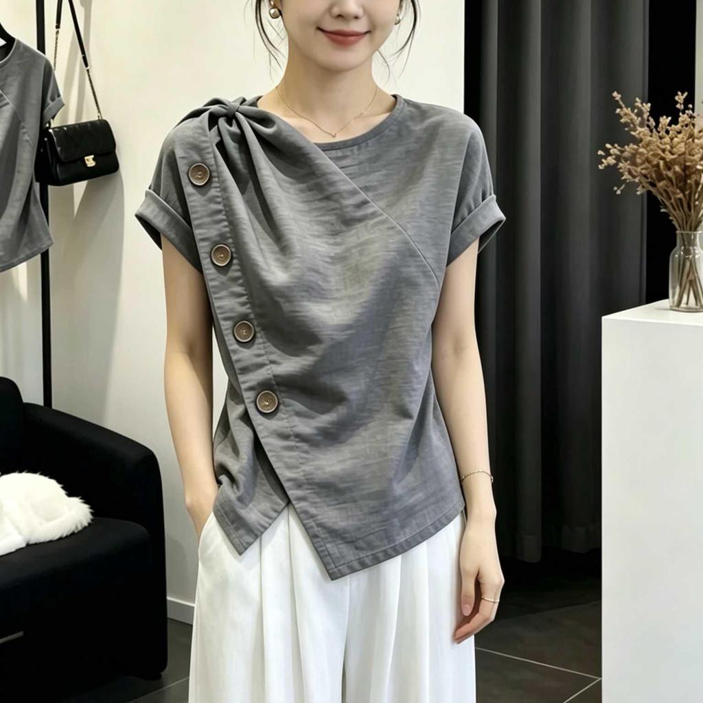 [Hàng mới về] Thiết kế kích thước lớn Áo sơ mi ngắn tay không đều dành cho nữ mùa hè béo mm Slimer Look Grey Top