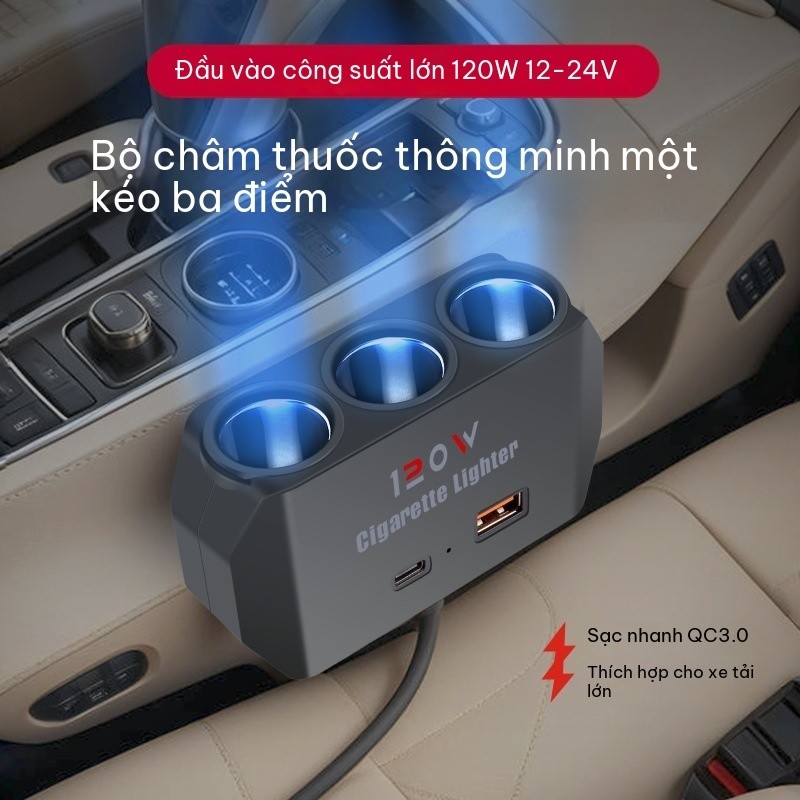Tẩu Sạc Nhanh 120w 12v 24v 3 Cổng usb Có Đèn led QC3.0 Sạc Ô Tô 1 Chia 3 Có Đèn LED - Hỗ Trợ PD Nhanh, Tương Thích iPhone/Samsung/Xiaomi, Đầu Cắm Tẩu Thuốc Tiện Lợi, Giá Rẻ