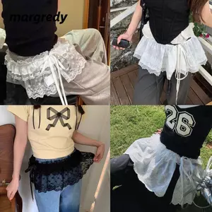 MARGREDY Ren Xù Váy, Đi Qua Bông Tai Kẹp Ren Mini Váy, Hoa Thêu Y2K Dạo Phố Váy Xếp Ly Trang Trí Quần Jean