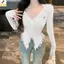 < YEI > Áo len dệt kim mỏng viền thô thu đông V-ne dài tay không đều sang trọng dành cho nữ Mới