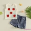 Trang phục bé gái không tay cổ tròn Apple Appliques Tank Tops + Bộ quần short Denim