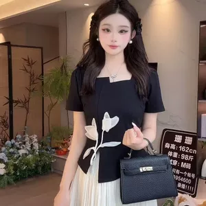 Phụ Nữ Bao Bụng Pháp Hoa Hồng Áo Thun Tay Ngắn Nữ Mùa Hè Béo MM Mỏng Hơn Nhìn Phù Hợp Với Tuổi Giảm