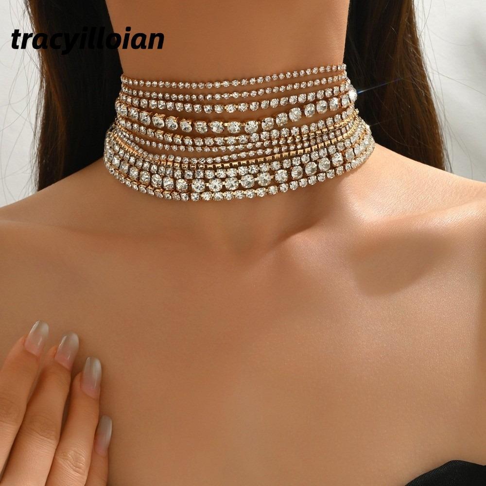 Vòng cổ kim cương giả TRACELIOIAN, Quà tặng phong cách INS Vòng cổ đính đá, Vòng cổ pha lê nhiều lớp sang trọng Đám cưới