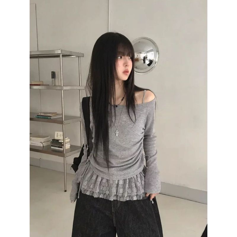 [Giảm giá trong thời gian có hạn] Áo thun dài tay một vai màu xám dành cho nữ mùa xuân Hot Girl Pure Desire Bowknot Pleated Lace Sling Top Bộ hai mảnh
