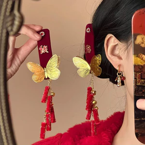 Đổ Kim Cương Nhỏ Giọt Dầu May Mắn Bướm Chuông Pháo Tua Rua Kẹp Tóc Mới Phong Cách Trung Quốc Tính Khí Kết Cấu Phụ Kiện Tóc 4CT