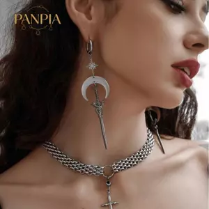 PNPIA- Goth Punk Phong Cách Mặt Trăng Thanh Kiếm Bông Tai Dài Cho Nữ Vintage Trang Sức Quà Tặng Phụ Kiện
