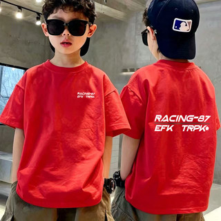 Áo thun bé trai ngắn tay in chữ RACING-87, chất liệu cotton mềm thoáng khí, thời trang cho bé đi học đi chơi