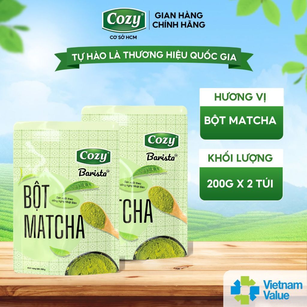 COMBO 2 Gói Bột Matcha Cozy Tea (2 gói x 200gr) Thơm Vị Trà Xanh Dịu Nhẹ, Dễ Uống, Dùng Trong Pha Chế, Làm Bánh