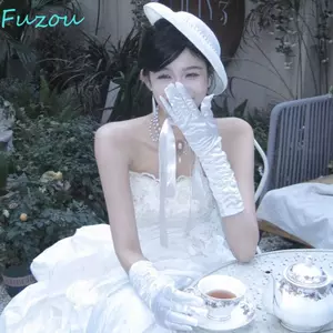Găng Tay Dài FUJI Satin, Ren Ngọt Ngào Cưới Cô Dâu Găng Tay, Thời Trang Vintage Trắng Co Giãn Ngón Tay Dài Găng Tay Hóa Trang Đảng
